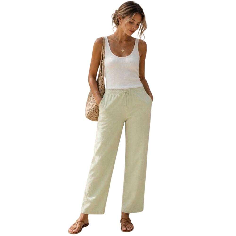 Linden Hill Light Green 100% Linen Wide Leg Drawstring Pants Size 12 Boho Summer